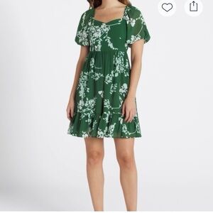 41 Hawthorn Green and White Floral Mini Dress with Puff Sleeves NWT